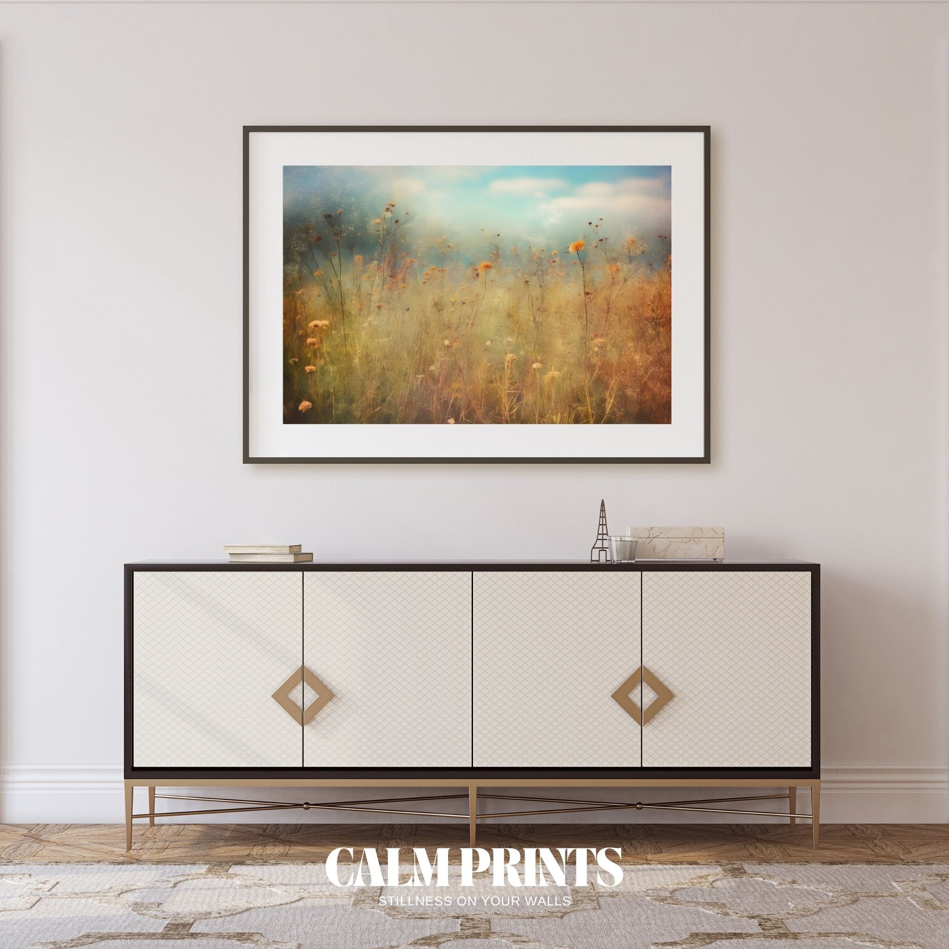 Nature art of a pastel-toned floral field full of dreamy stillness
