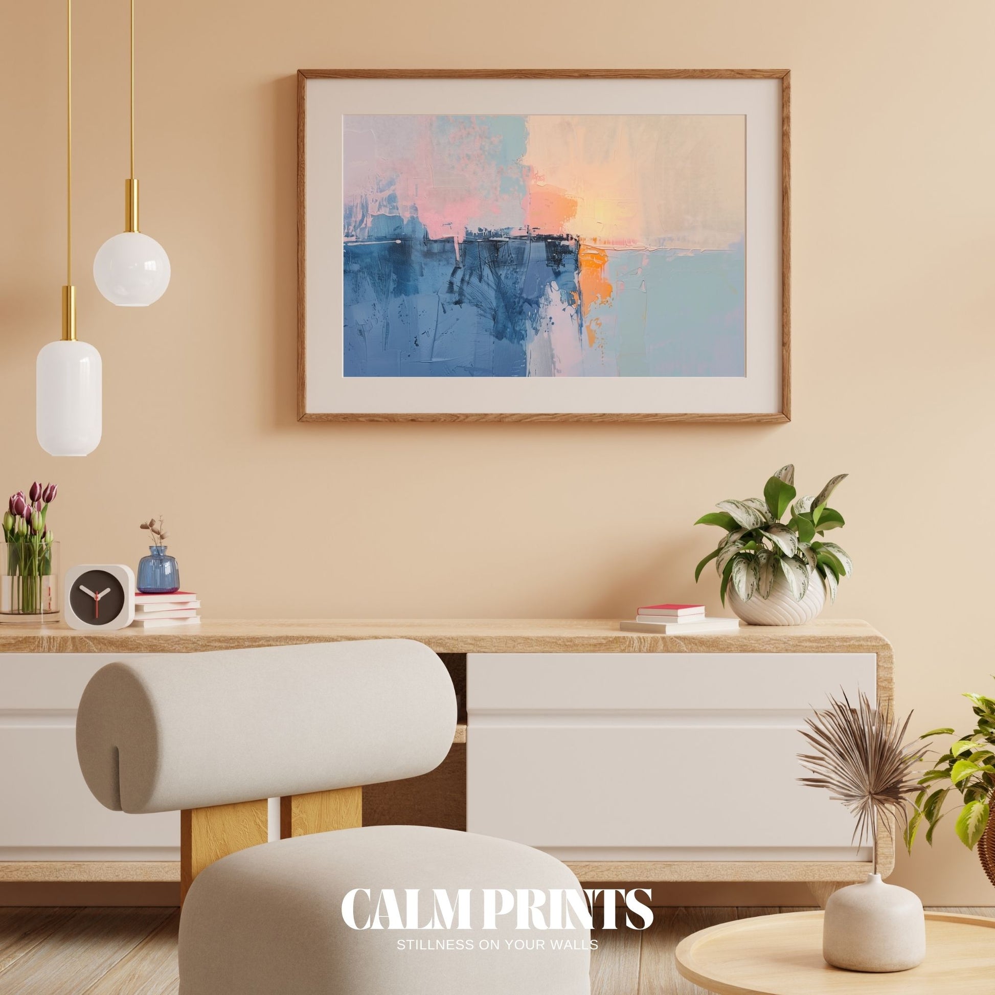 Print of a pastel-toned horizon in fluid, abstract brushwork
