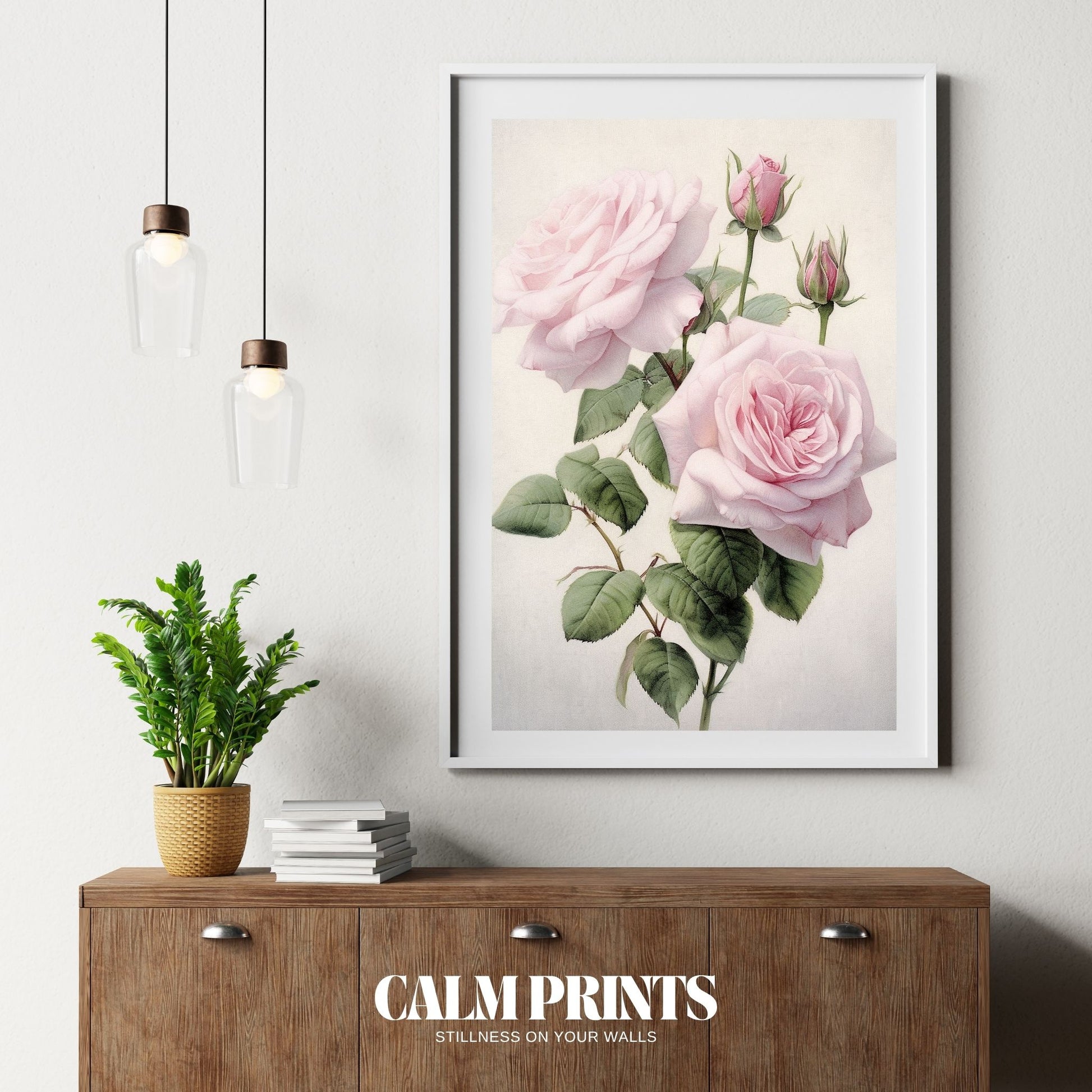 Poster of a pastel pink rose garden evoking charm and serenity
