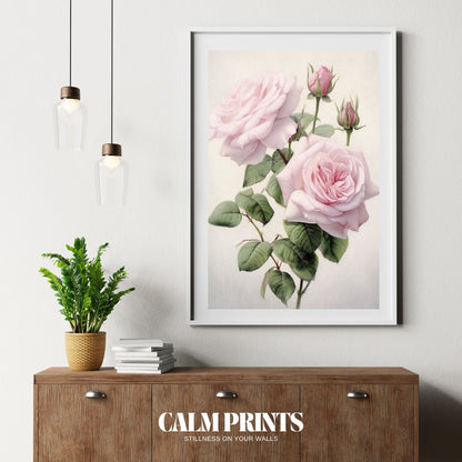 Poster of a pastel pink rose garden evoking charm and serenity
