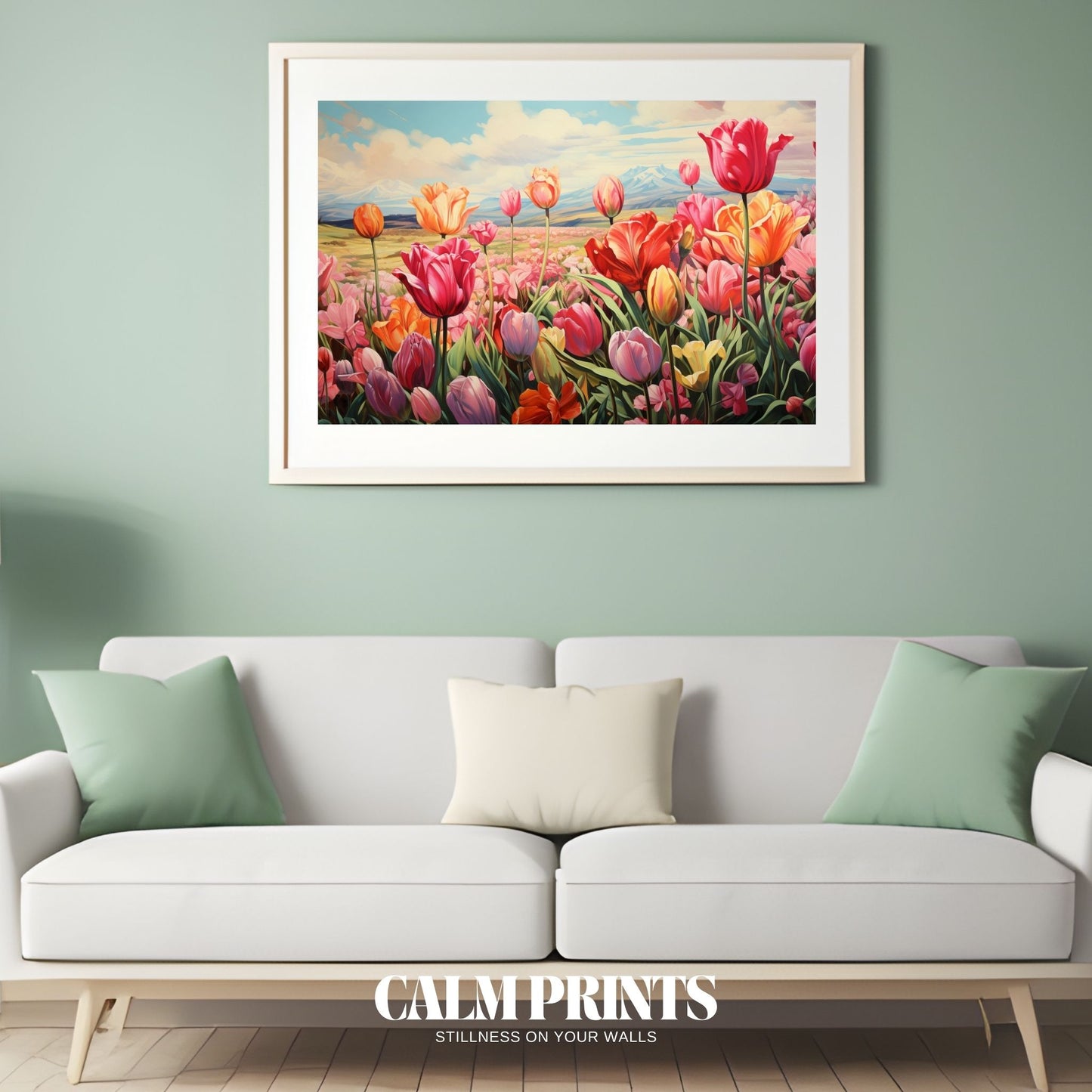 Pastel-toned tulip field basking in the gentle light of spring
