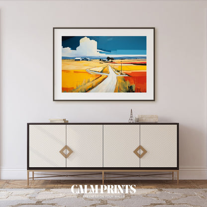 Artwork of a pastoral countryside with softly painted, colourful hills
