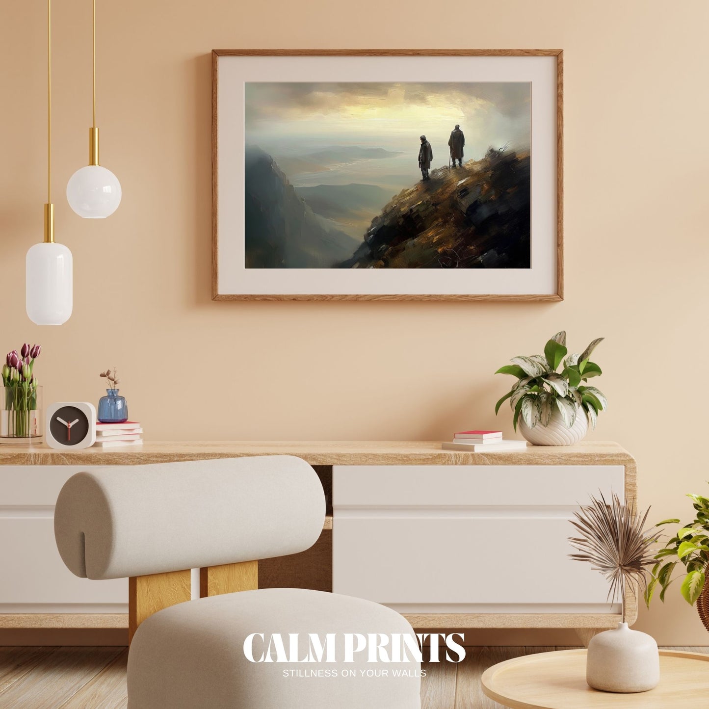 Sunset print of a peaceful alpine outlook bathed in soft golden light
