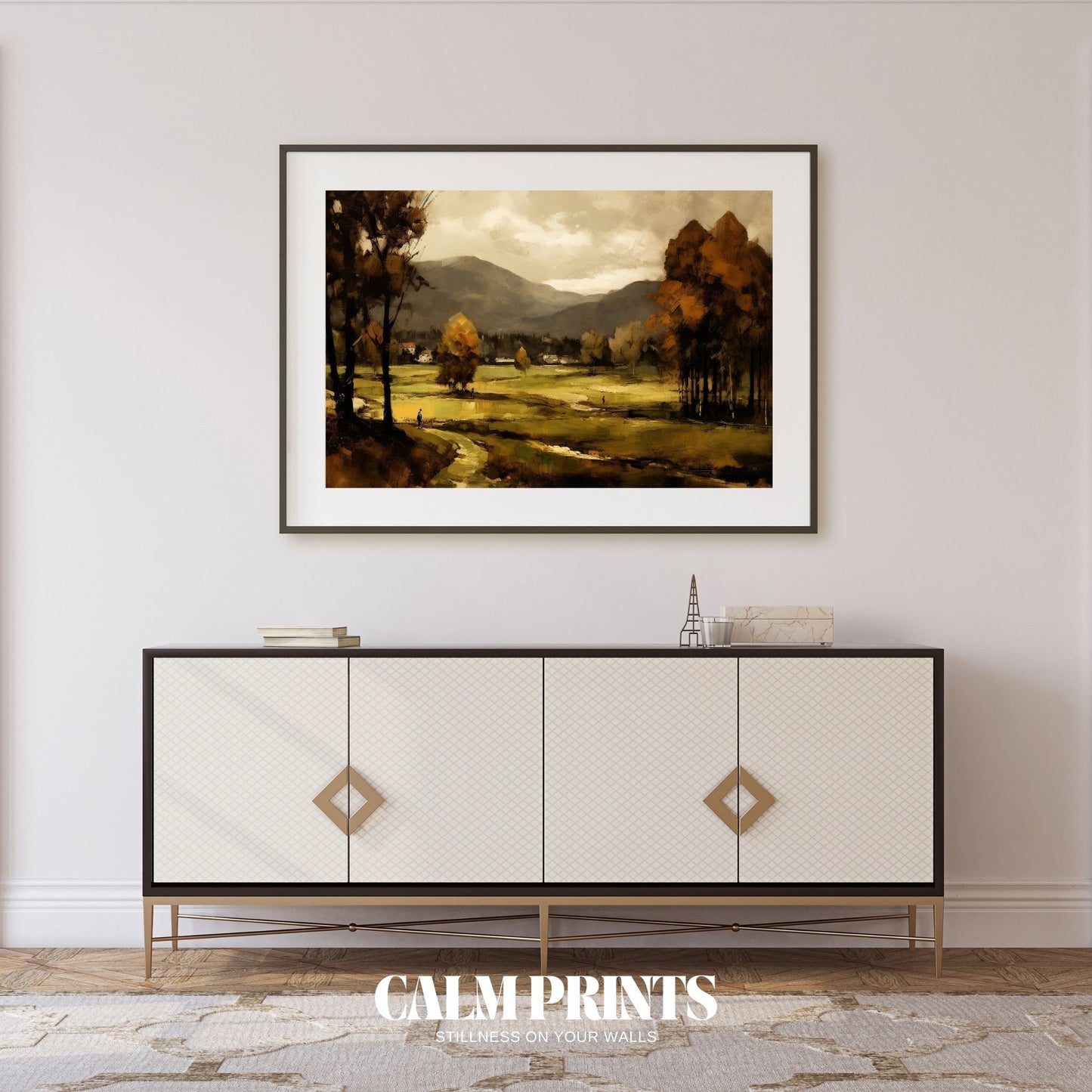 Peaceful autumn nature print with soft light and rich earthy tones