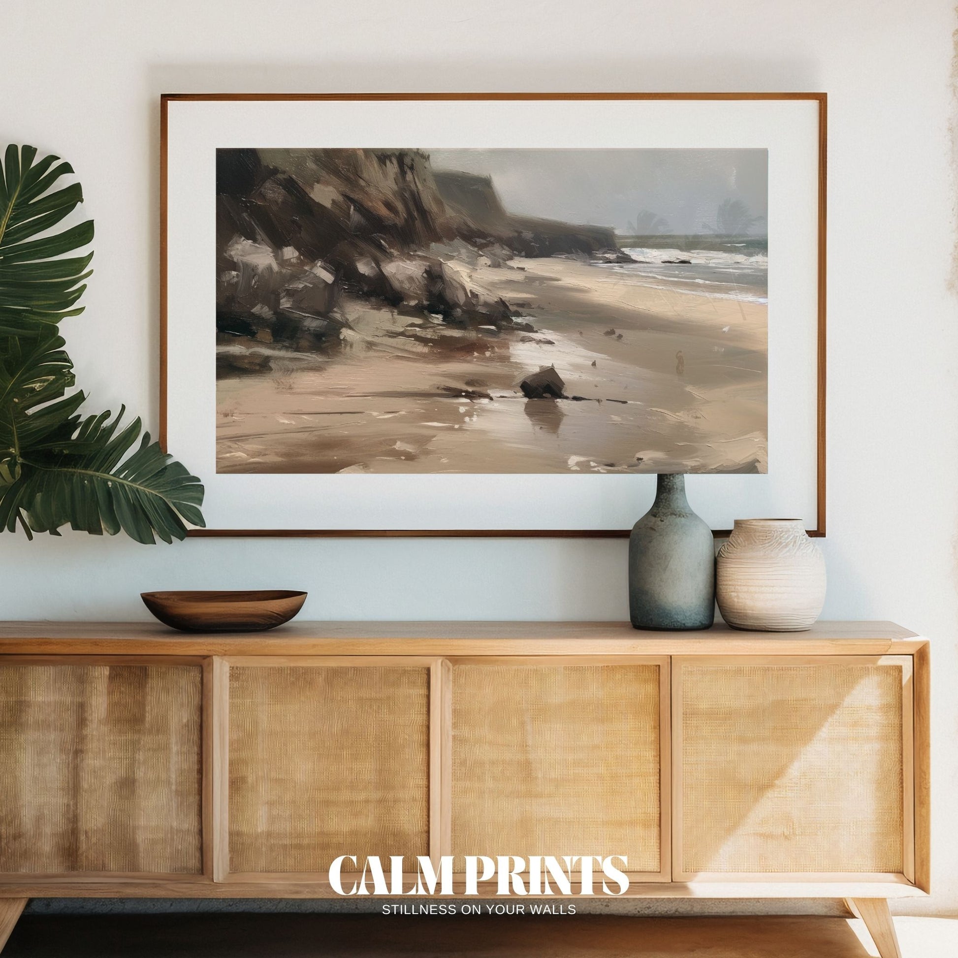 Peaceful artwork of a beach coastline with calm seas and earthy colours
