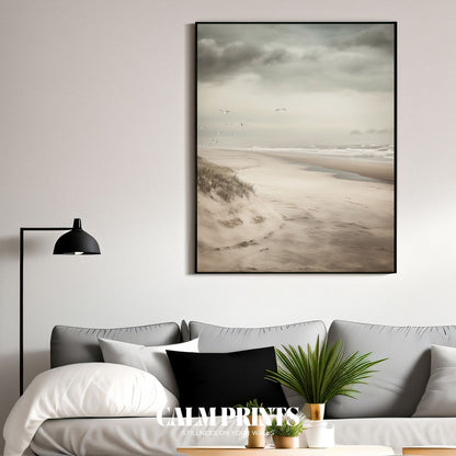 Peaceful coastal artwork with flying seagulls and gentle beach waves
