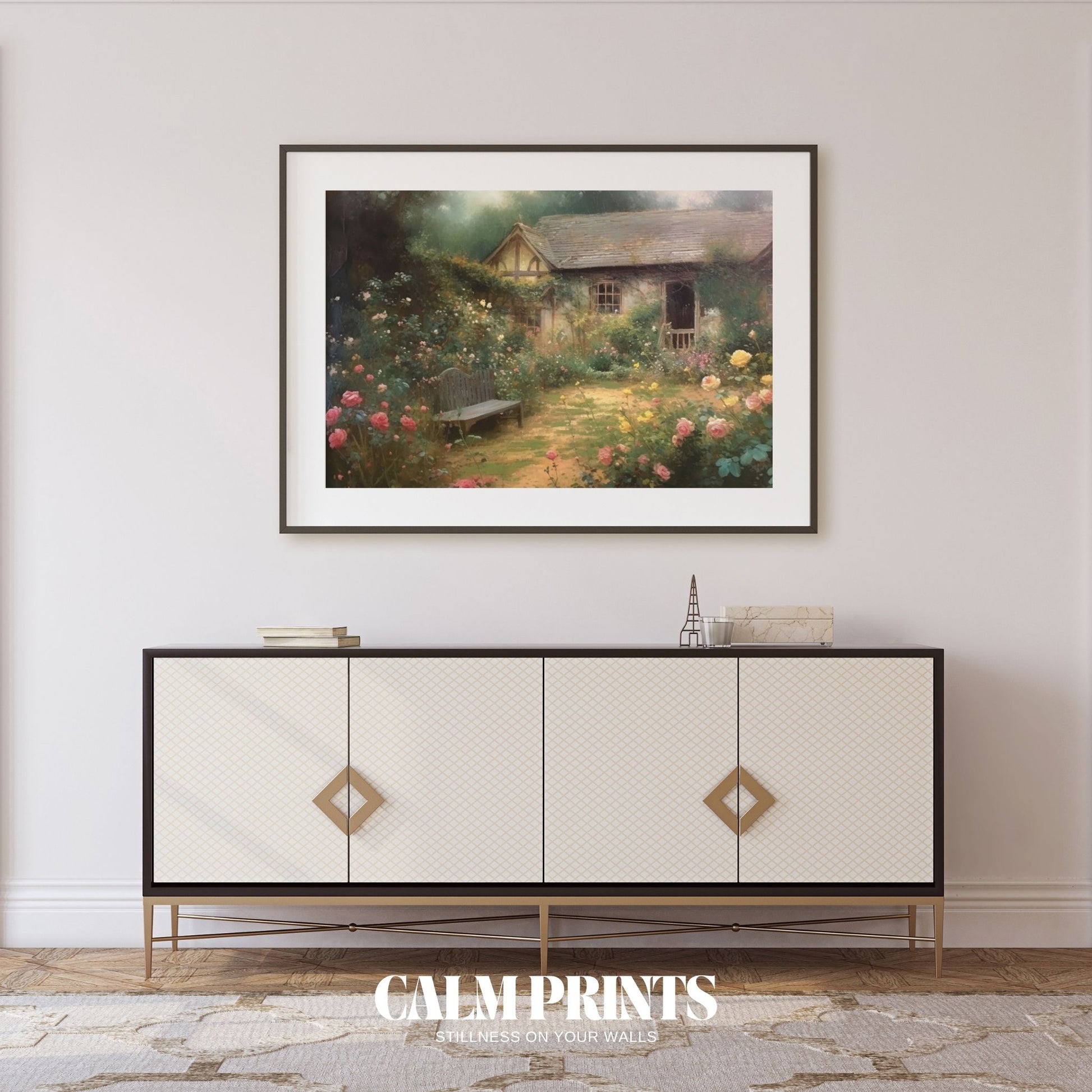 Peaceful cottage garden scene filled with soft flowers and rustic charm
