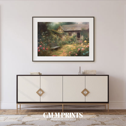 Peaceful cottage garden scene filled with soft flowers and rustic charm
