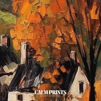 Peaceful autumn village with cottages tucked among golden foliage