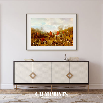 Poster showing hunters in the countryside surrounded by natural stillness
