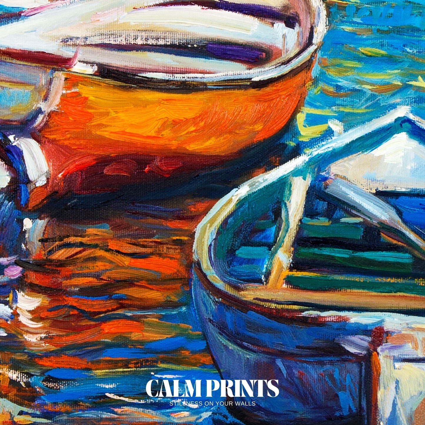 Peaceful dockside with colourful vessels lined up beneath a setting sun
