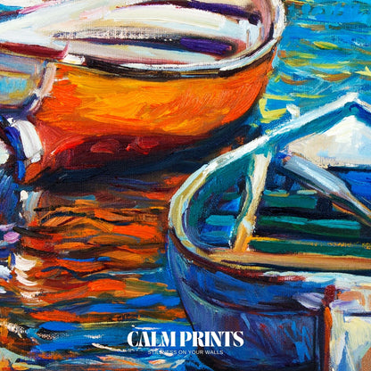 Peaceful dockside with colourful vessels lined up beneath a setting sun
