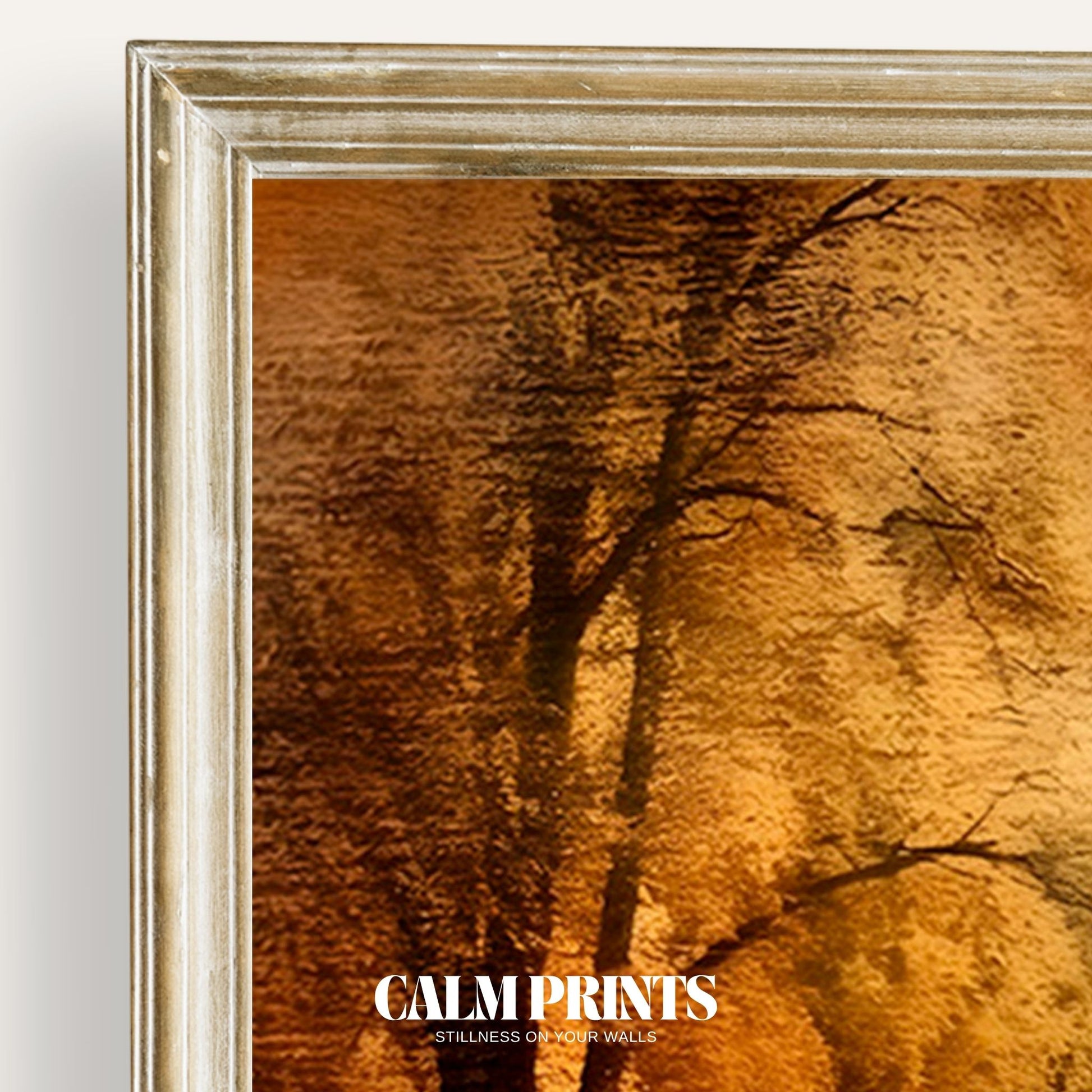 Print of a peaceful forest trail in autumn with soft, rustling foliage
