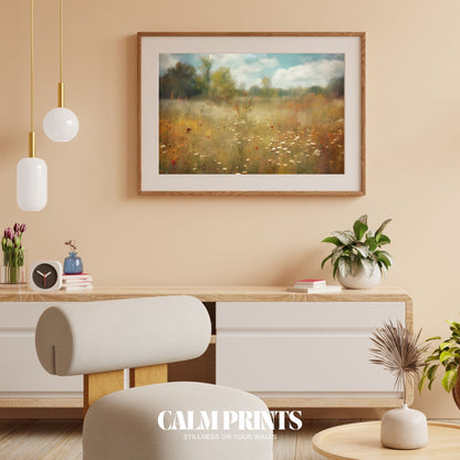 Peaceful field bursting with soft floral colour and countryside charm
