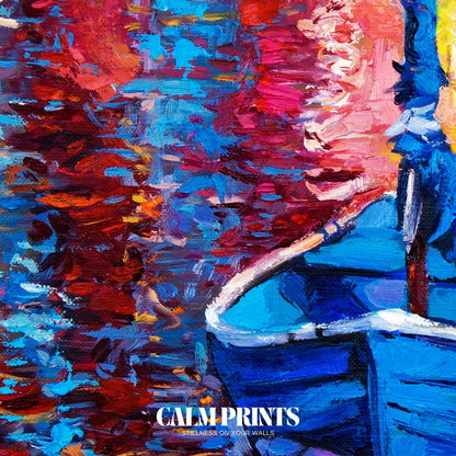 Print of peaceful lake waters reflecting trees, sky, and vibrant colour
