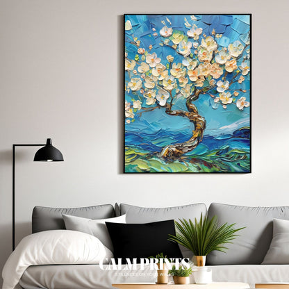 Peaceful scene of a blossoming tree radiating blue harmony and stillness
