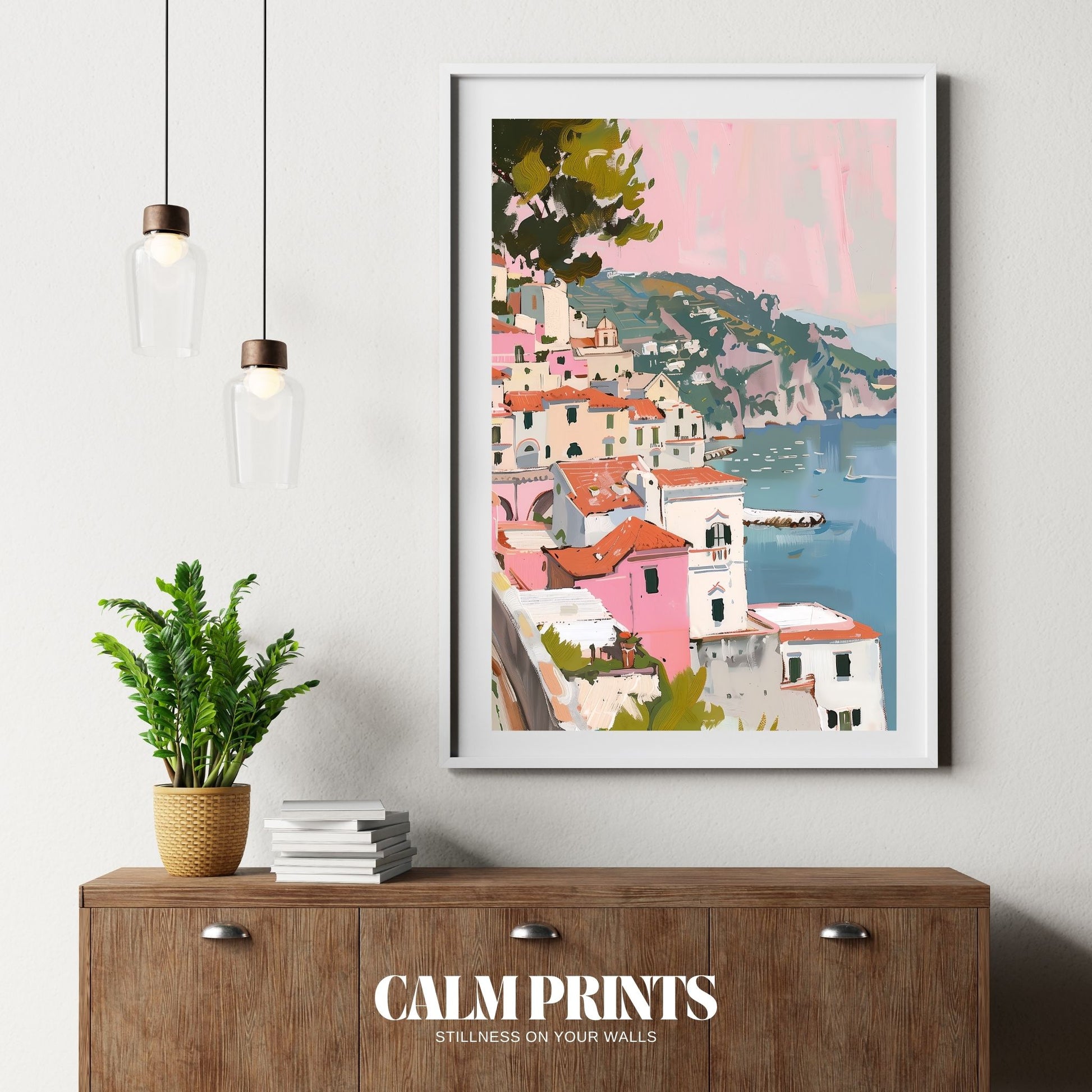 Peaceful village scene resting beside the sea in calm, muted tones
