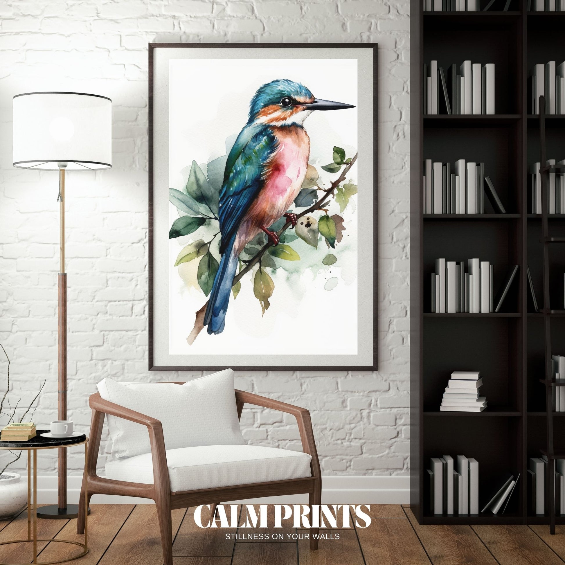 Poster of a kingfisher perched on a branch, rendered in gentle watercolour
