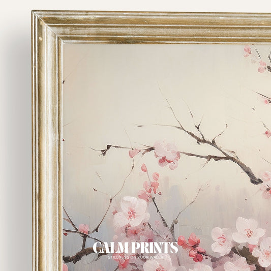 Print of soft pink cherry blossoms hanging gracefully over still water
