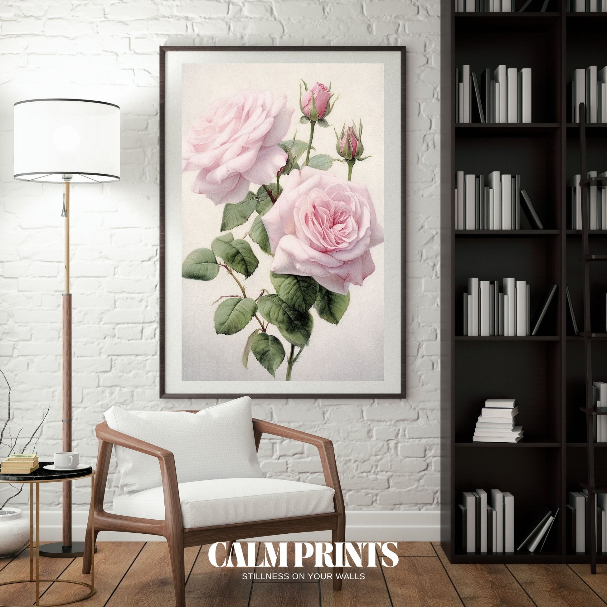 Fine art poster featuring delicate pink rose blooms in graceful light
