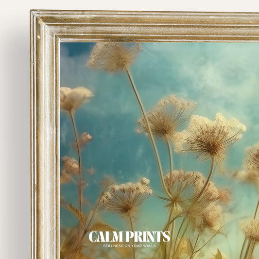 Art print of a playful meadow filled with delicate and joyful blooms
