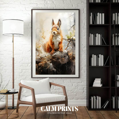 Playful squirrel darting through crunchy autumn leaves in a forest setting
