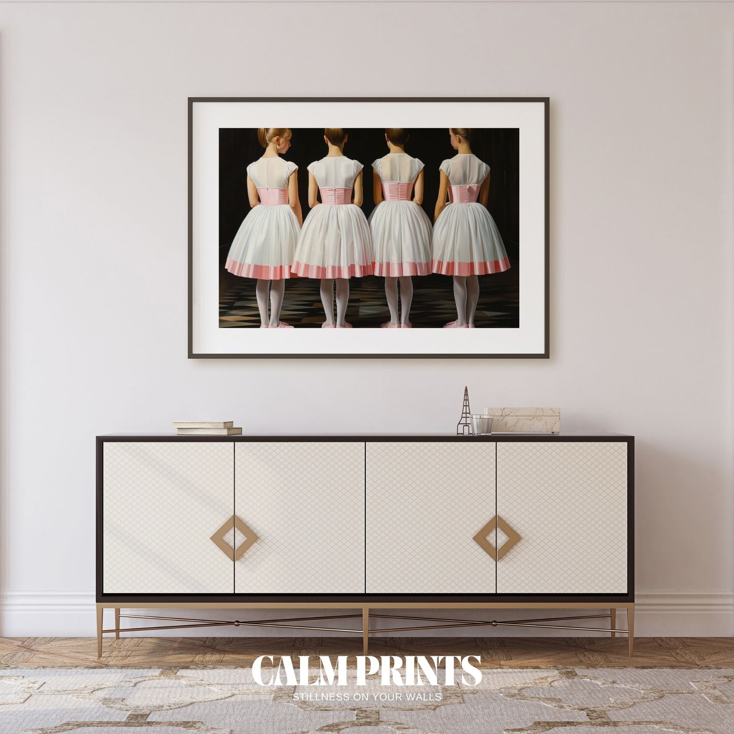 Poetic wall art of ballet dancers in sync with grace and softness