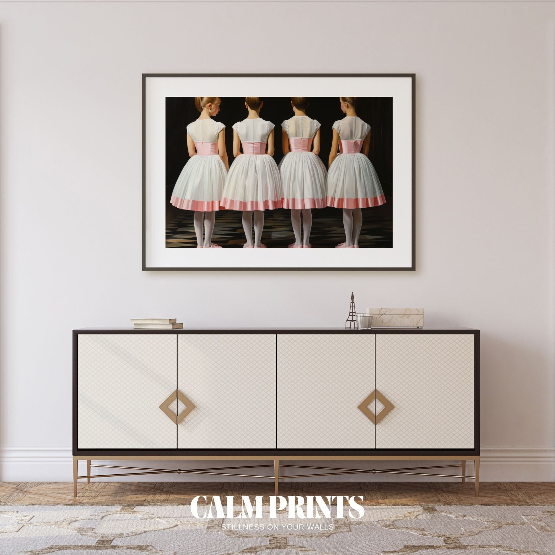 Poetic wall art of ballet dancers in sync with grace and softness