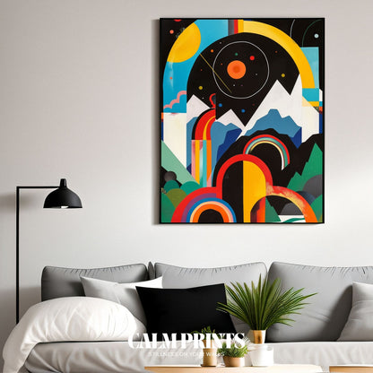 Colourful polygonal mountainscape with sharp lines and rich tones
