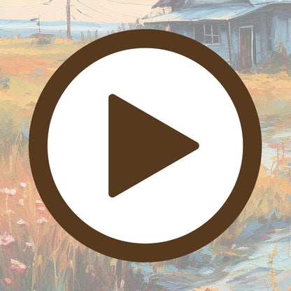 Wall art of a cabin bathed in the warm glow of autumn fields