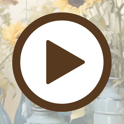 Country-style poster of sunflowers in blue vessels exuding rustic charm

