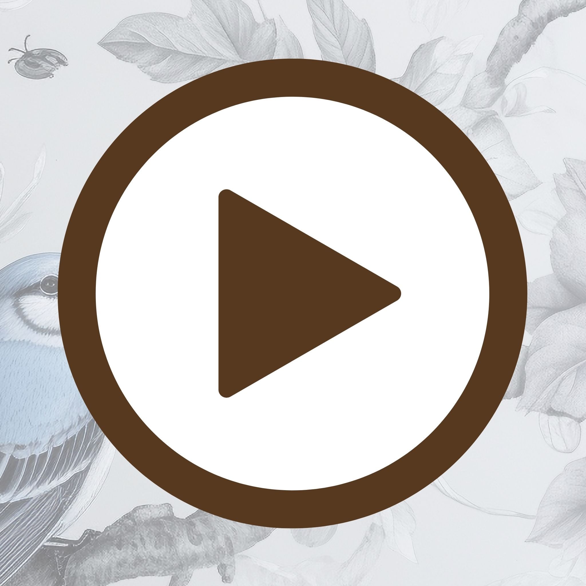 Botanical illustration of a blue bird among detailed leafy branches