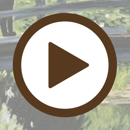 Poster of a green garden escape with a cat on a graceful arched bridge