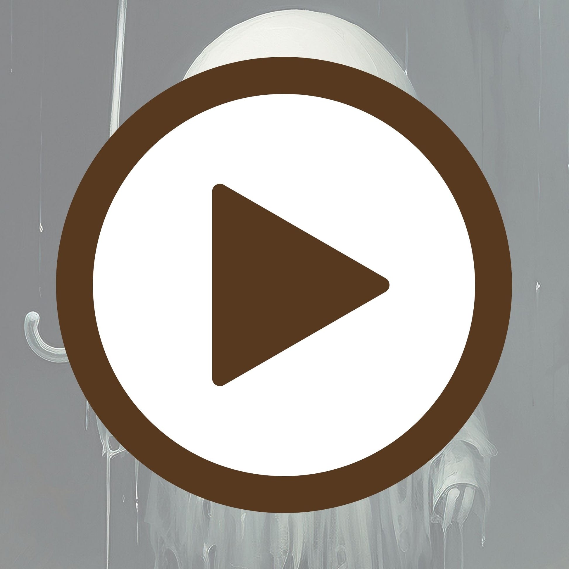 Artwork showing a cute ghost standing quietly in a gloomy rainfall scene

