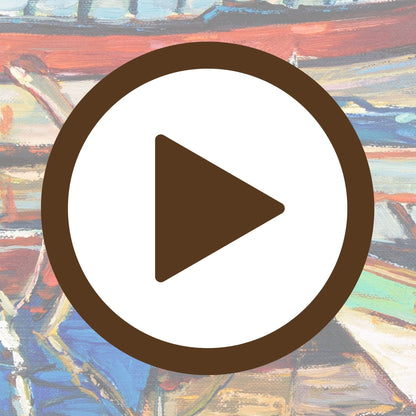 Illustration of a peaceful marina filled with vividly coloured resting boats

