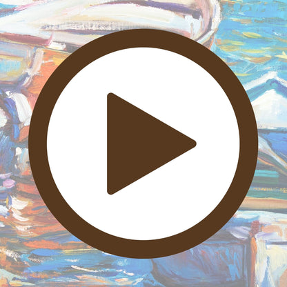 Poster of a dockside boat scene filled with warm light and vivid reflections

