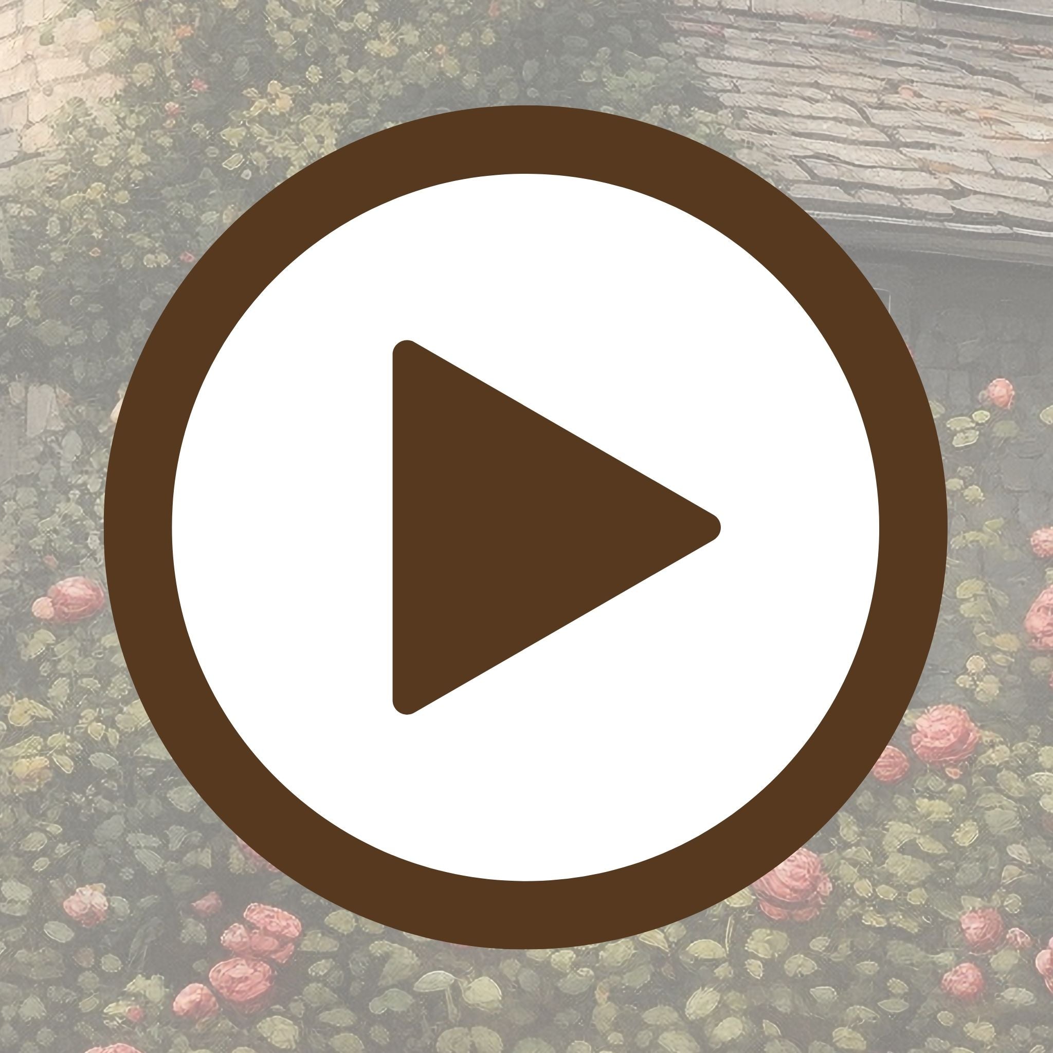 Fairytale-style cottage covered in roses and set in a lush green garden