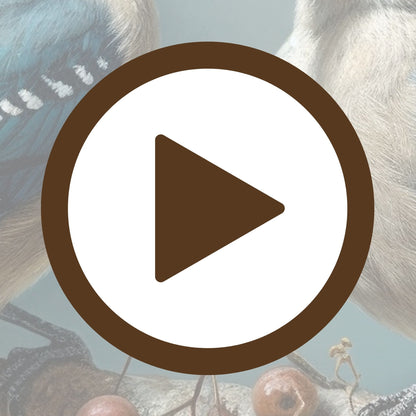 Illustration of bluebirds perched on a gently curved berry branch