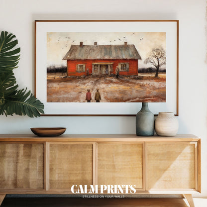 Poster of a quaint cottage set in nature with trees and gentle sunlight
