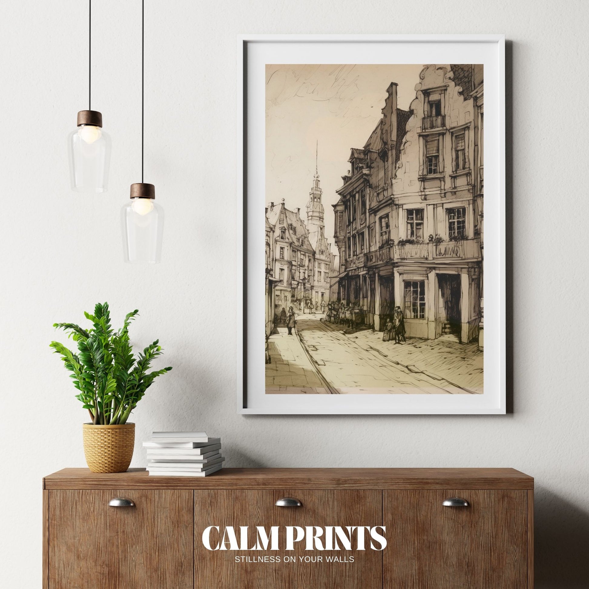 Ink drawing of a quaint old town street full of rustic atmosphere
