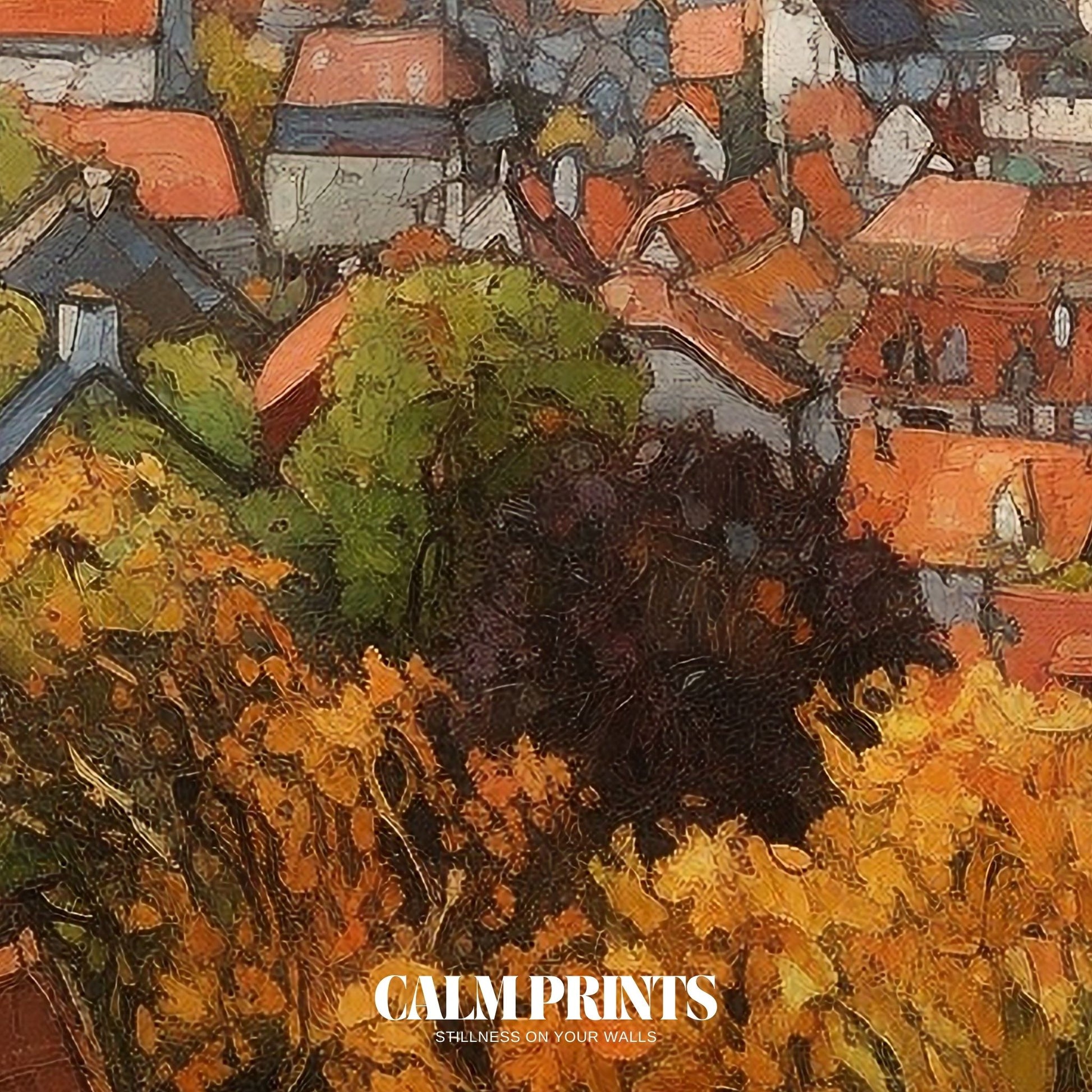 Quaint town captured in autumn charm with warm tones and gentle detail
