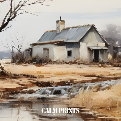 Artwork of a quiet cabin beside a flowing stream in soft natural light
