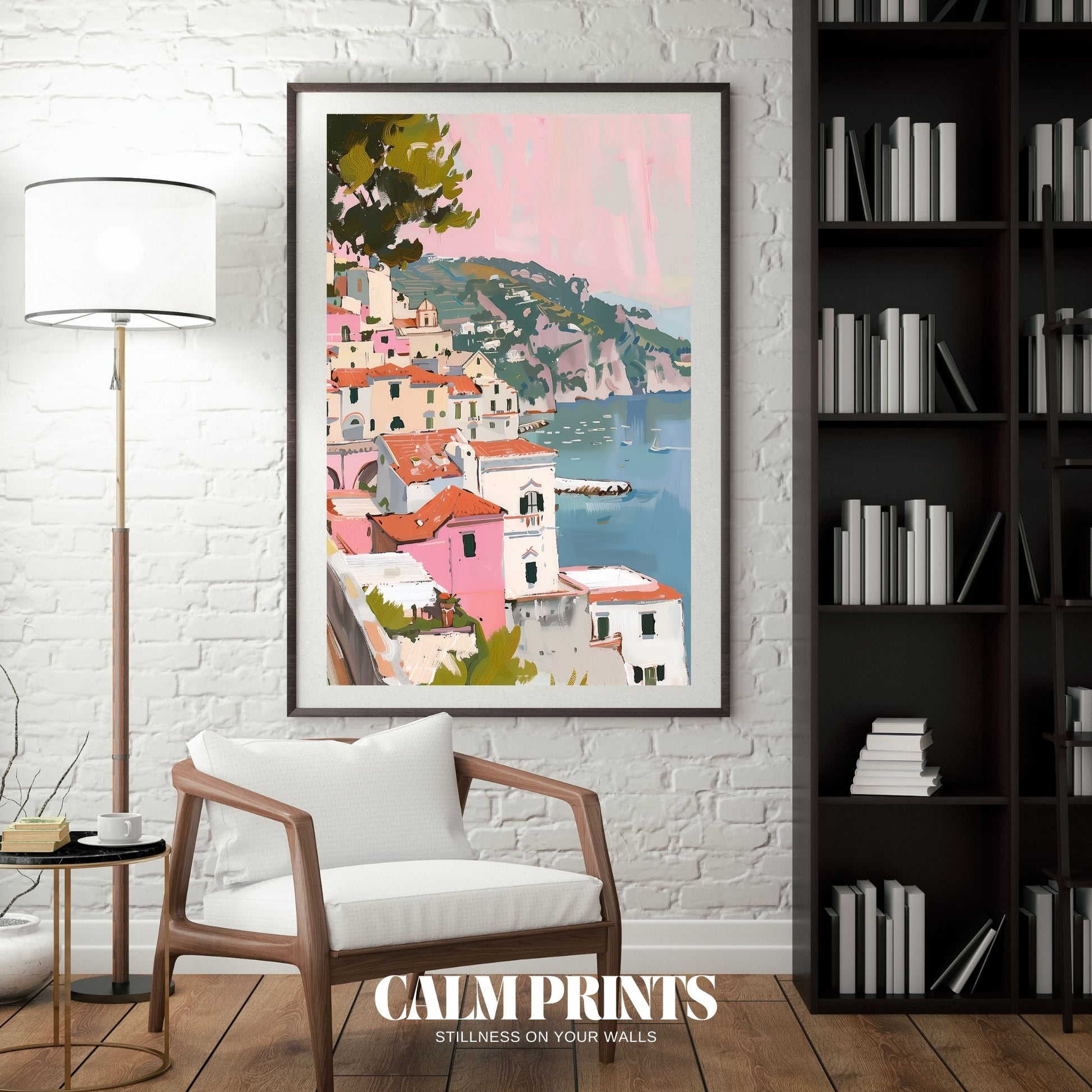 Art showing quiet coastal houses overlooking a peaceful blue sea
