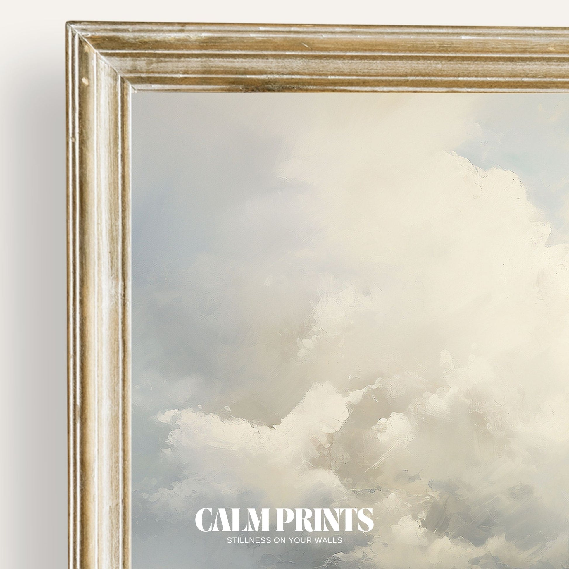 Print of soft clouds resting above calm, open fields in gentle light
