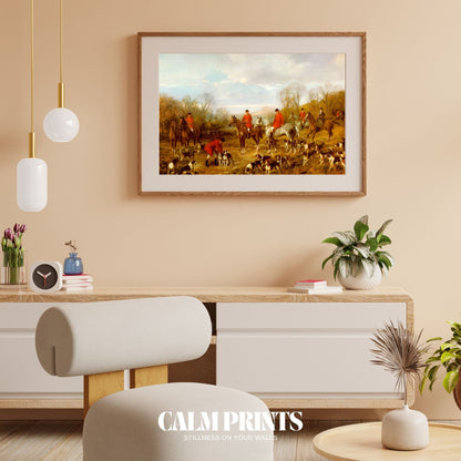 Pastoral landscape with hunters moving softly through open fields
