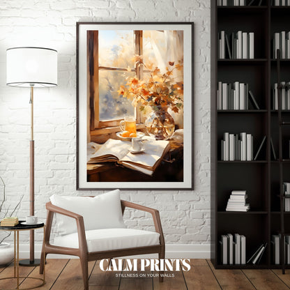 Artwork capturing a quiet autumn moment spent reading by the window
