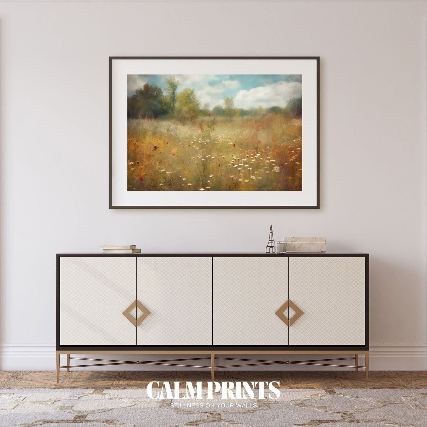 Quiet nature landscape with wildflowers gently swaying in the breeze
