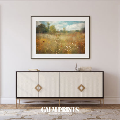 Quiet nature landscape with wildflowers gently swaying in the breeze
