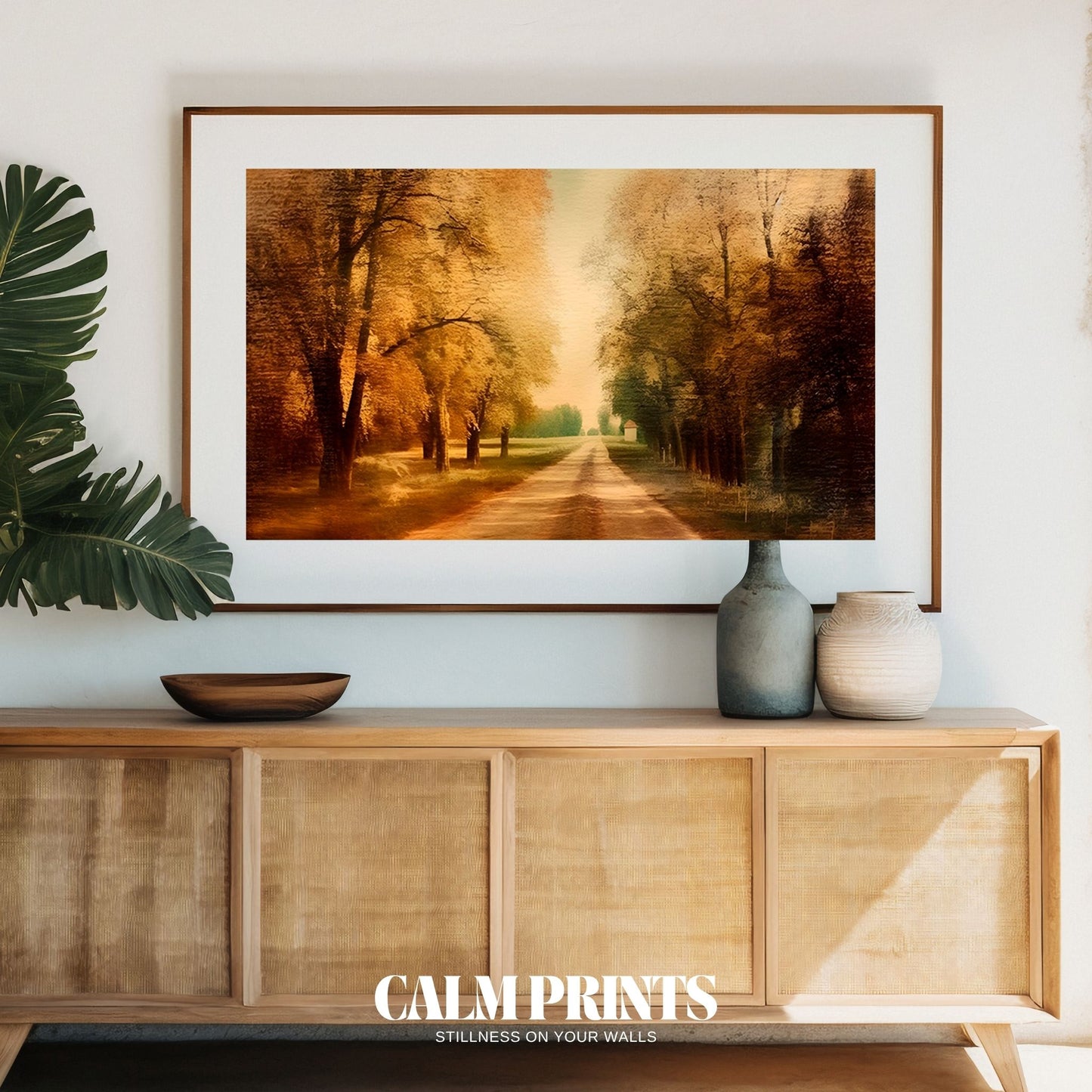 Artwork of a quiet woodland walk framed by rich autumn colours
