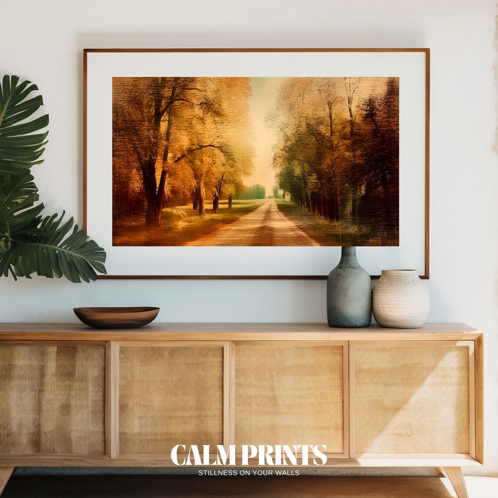 Artwork of a quiet woodland walk framed by rich autumn colours
